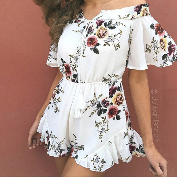 Pants - White Floral Open Shoulder Jumper  suite Rumper